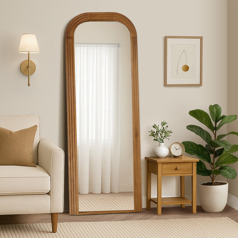 Oikiture Full Length Arch Mirror 165x60cm Brown Wood Top Round Corner