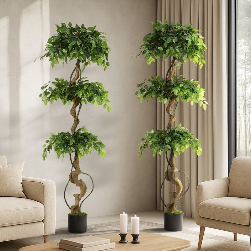 Livsip 2PC 180cm Artificial Ficus Tree Twisted Ficus Faux Potted Plant
