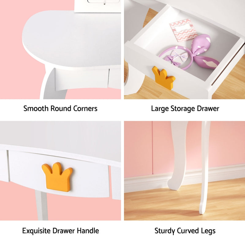 Keezi Kids Dressing Table Vanity Makeup Chair Set Wooden 3 Mirror Drawer White