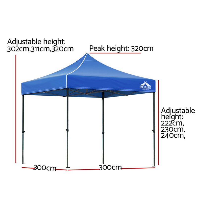 Instahut Gazebo Pop Up 3x3m w/Base Podx4 Marquee Folding Outdoor Wedding Camping Tent Shade Canopy Blue