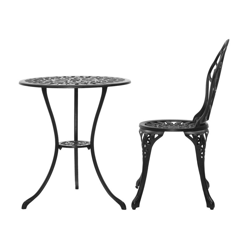 Gardeon 3PC Outdoor Setting Bistro Set Chairs Table Cast Aluminum Patio Furniture Tulip Black