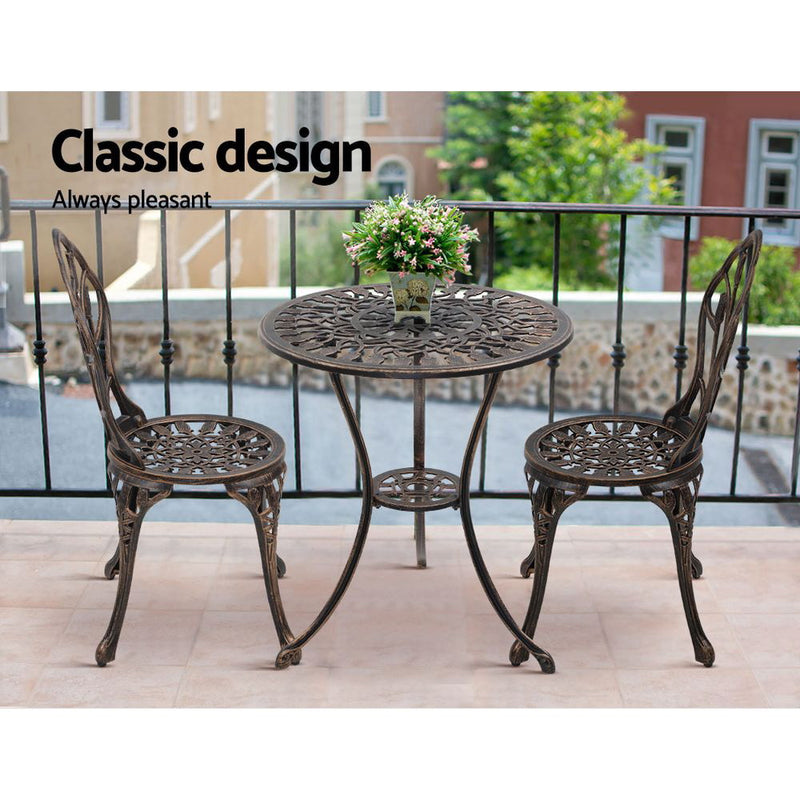 Gardeon 3PC Outdoor Setting Bistro Set Chairs Table Cast Aluminum Patio Furniture Tulip Bronze