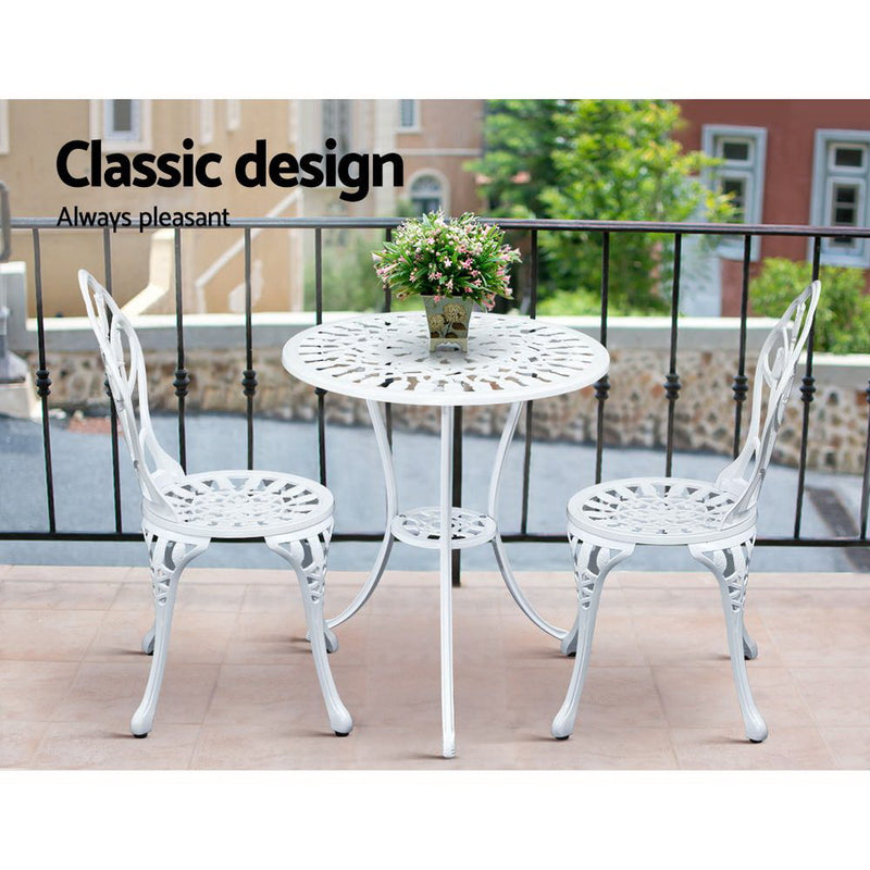 Gardeon 3PC Outdoor Setting Bistro Set Chairs Table Cast Aluminum Patio Furniture Tulip White