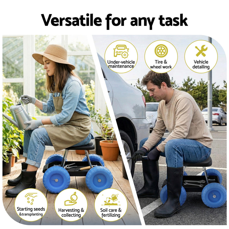 Gardeon Garden Cart Seat with Wheels, Rolling Work Stool with Tool Storage Tray, 440lbs (200kg) Heavy Duty Capacity Garden Stool for Outdoor Yard Work, Car Detailing, and Garage Maintenance, Blue/Black