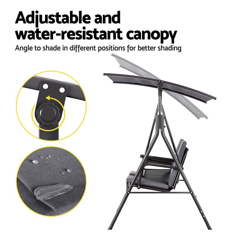 Gardeon Outdoor Swing Chair Garden Chair Canopy Cup Holder 2 Seater Grey