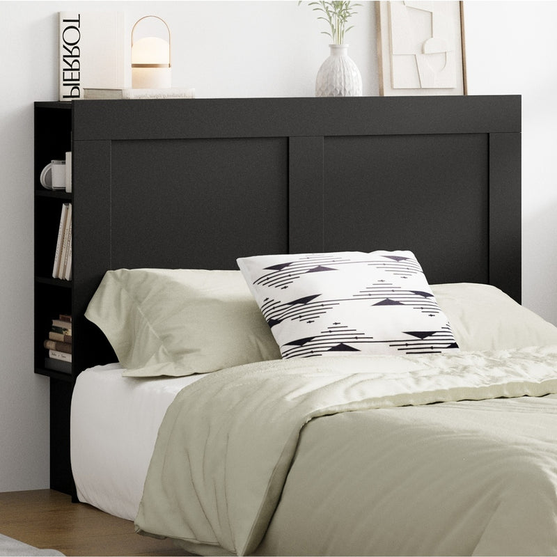 Oikiture Headboard Double Size Bedhead with Storage Shelves Black