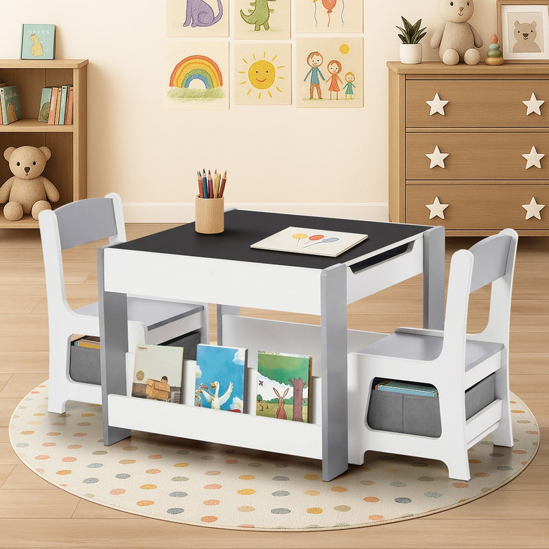 Oikiture Kids Chalkboard Table and Chairs Set with Storage Grey