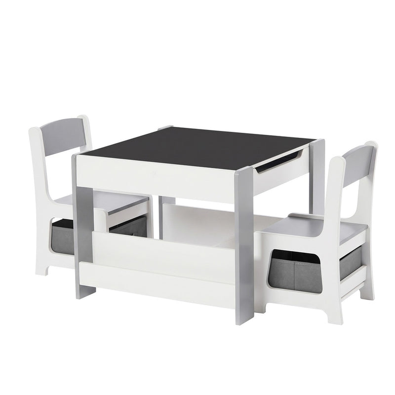Oikiture Kids Chalkboard Table and Chairs Set with Storage Grey