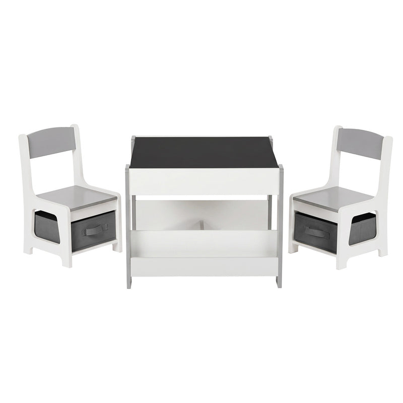 Oikiture Kids Chalkboard Table and Chairs Set with Storage Grey