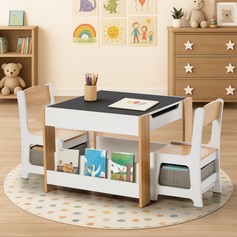 Oikiture Kids Table and Chairs Set Chalkboard Toys Storage Bookshelf