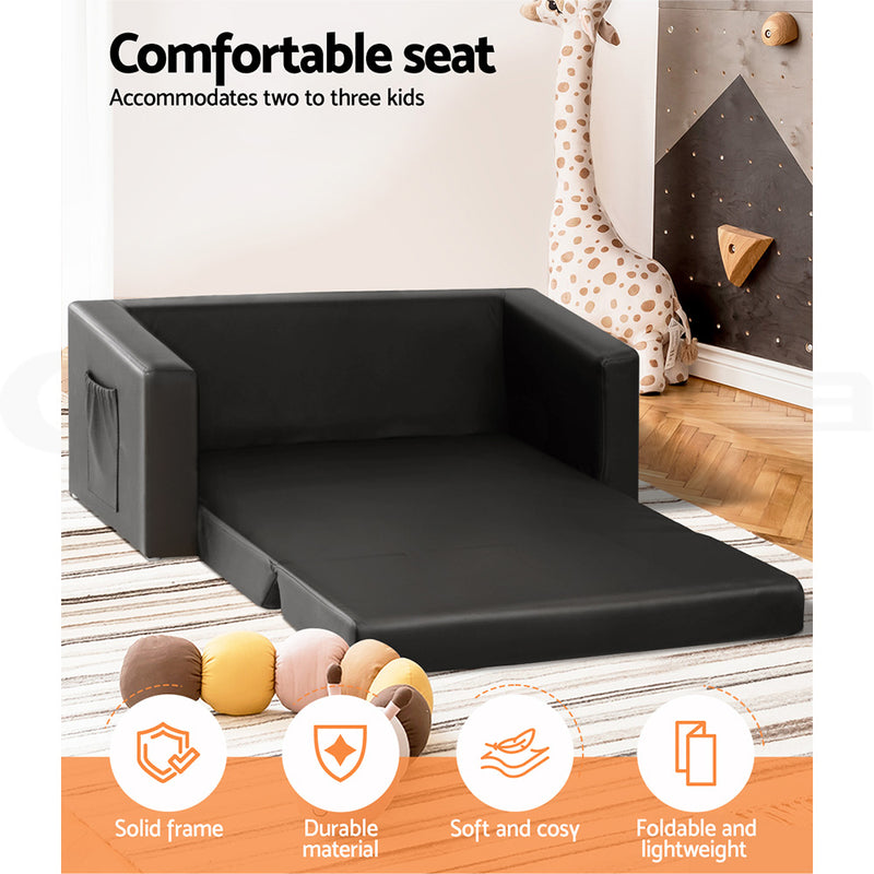 Keezi Kids Sofa 2 Seater Children Flip Open Couch PU Leather Armchair Black