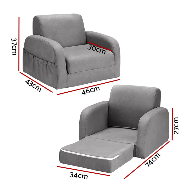 Keezi Kids Sofa 1 Seater Children Flip Open Couch Lounger Armchair Soft Grey