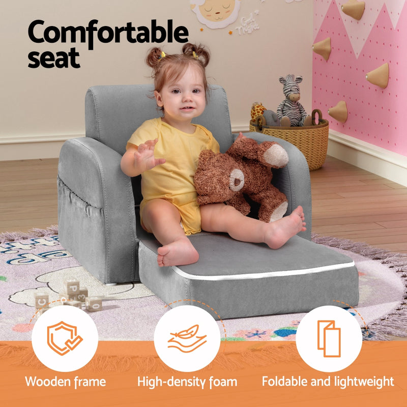 Keezi Kids Sofa 1 Seater Children Flip Open Couch Lounger Armchair Soft Grey