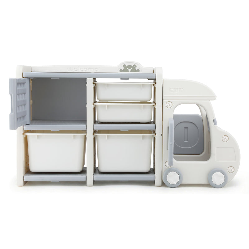 Keezi Toy Storage Organizer with 4 Storage Bins and Cabinet, Bookcase Kids Toys Box, Toy Storage for Kids Room, Playroom, Bedroom, Nursery, Car Shaped
