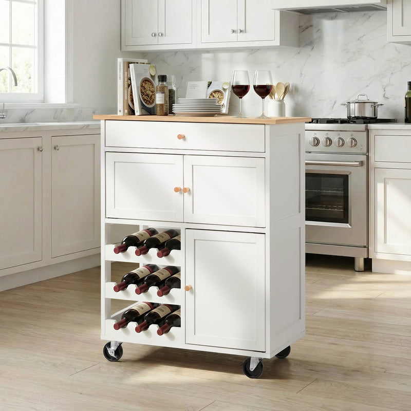 Oikiture Kitchen Trolley Rolling Serving Cart Drawer w/ Wine Racks