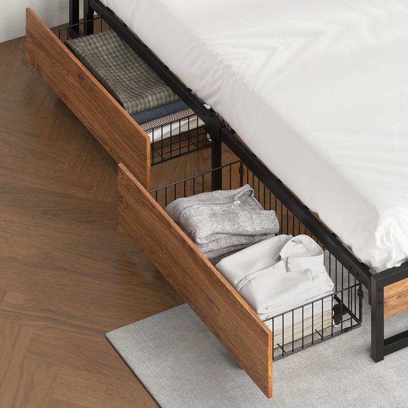 Oikiture 2x Bed Frame Storage Drawers with Wheels Metal Brown