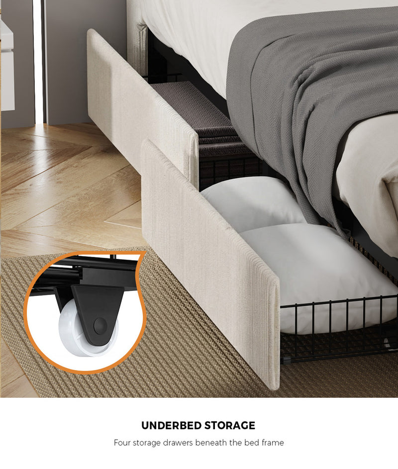 Oikiture 4x Trundle Drawers for Bed Frame Storage with Wheels Beige