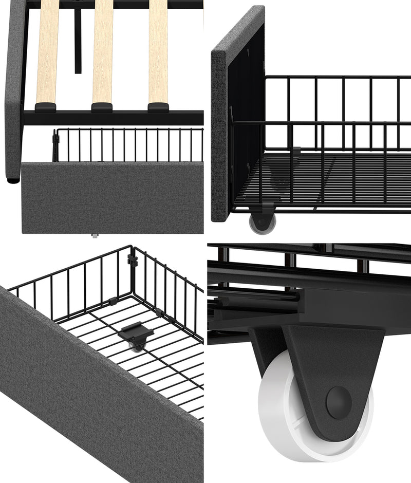 Oikiture 4x Trundle Drawers for Bed Frame w/ Wheels Storage Metal Grey