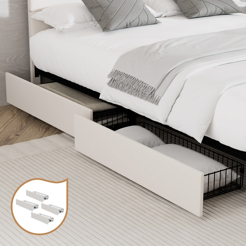 Oikiture 4x Drawers for Bed Frame Base Storage with Wheels Metal Beige