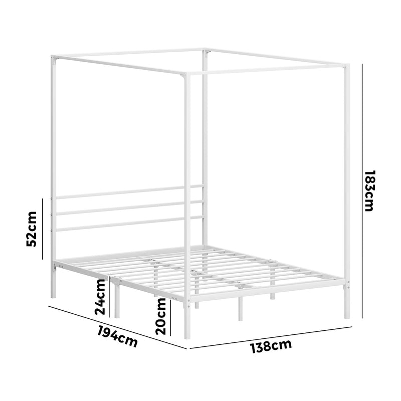 Oikiture Metal Canopy Bed Frame Double Size Platform White