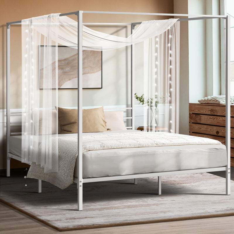 Oikiture Metal Canopy Bed Frame Queen Size Platform White