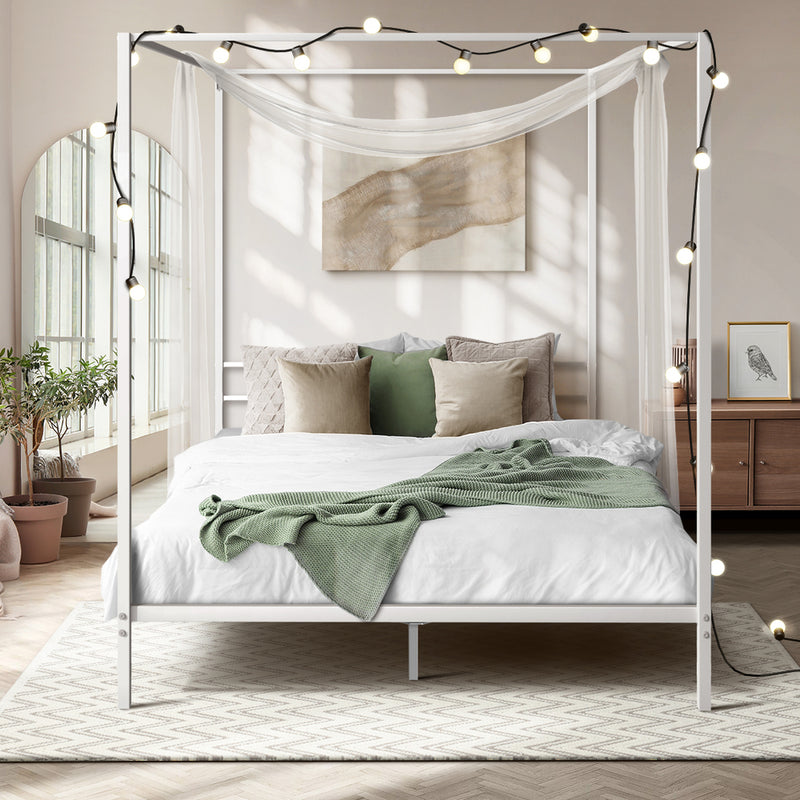Oikiture Metal Canopy Bed Frame Queen Size Platform White