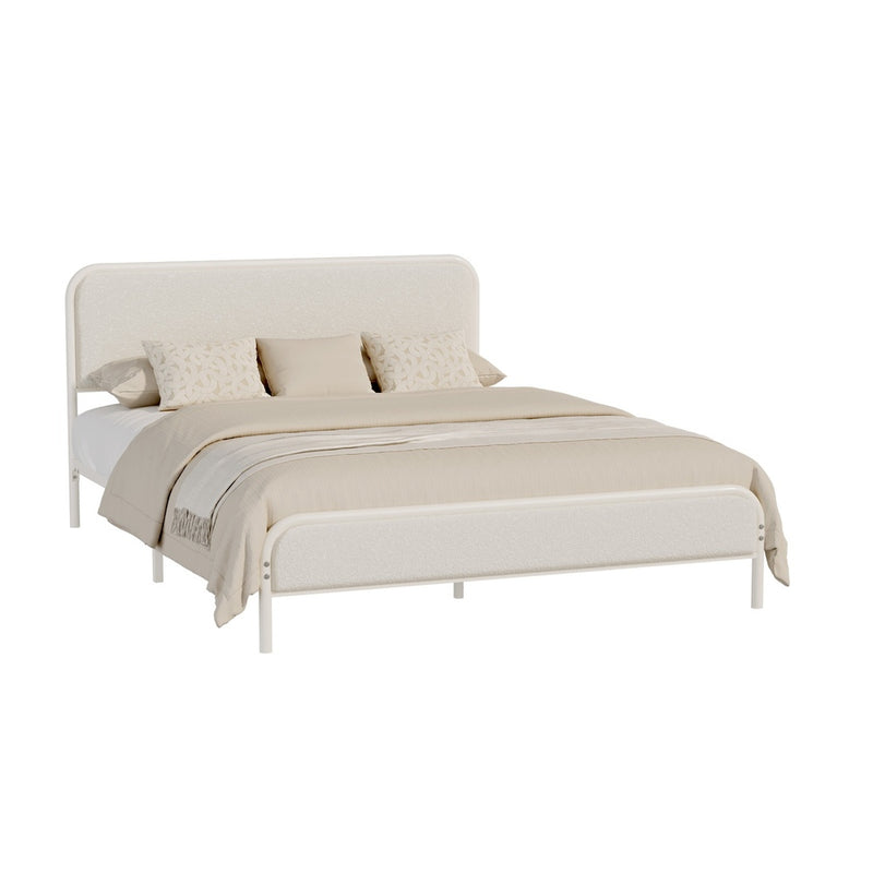 Oikiture Metal Bed Frame Double Size Tufted Bedhead Boucle Beige