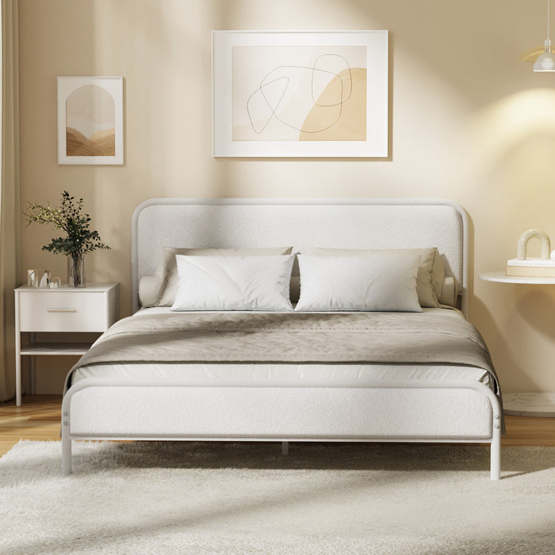 Oikiture Metal Bed Frame Double Size Tufted Bedhead Boucle Beige