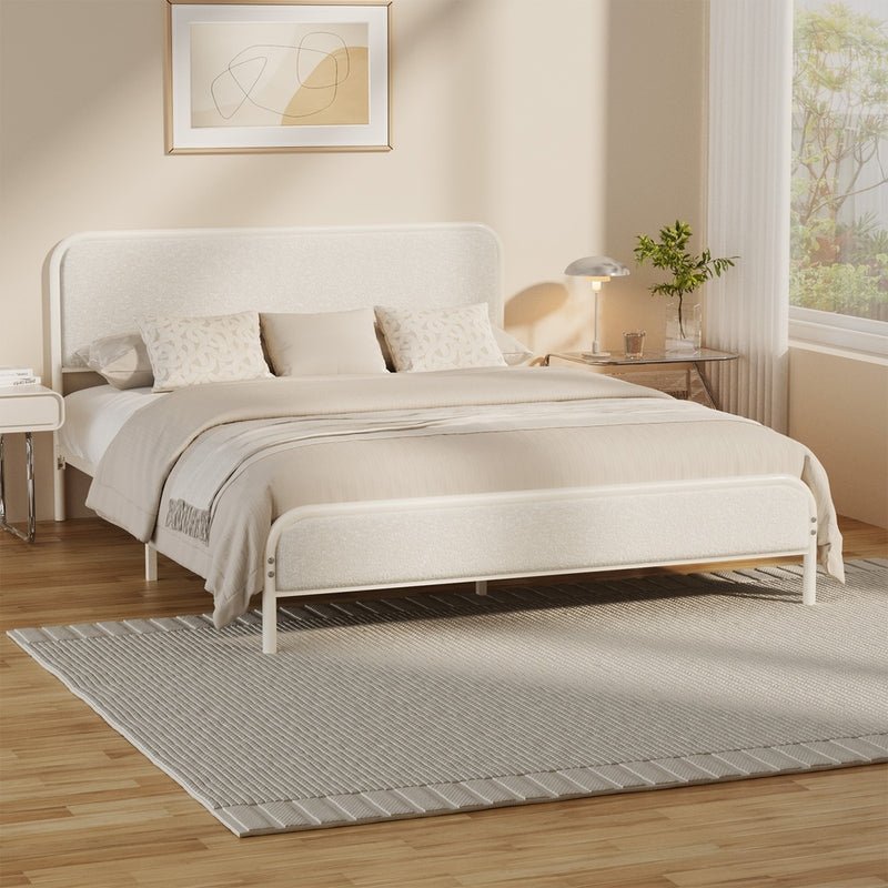 Oikiture Metal Bed Frame Queen Size Tufted Bedhead Boucle Beige