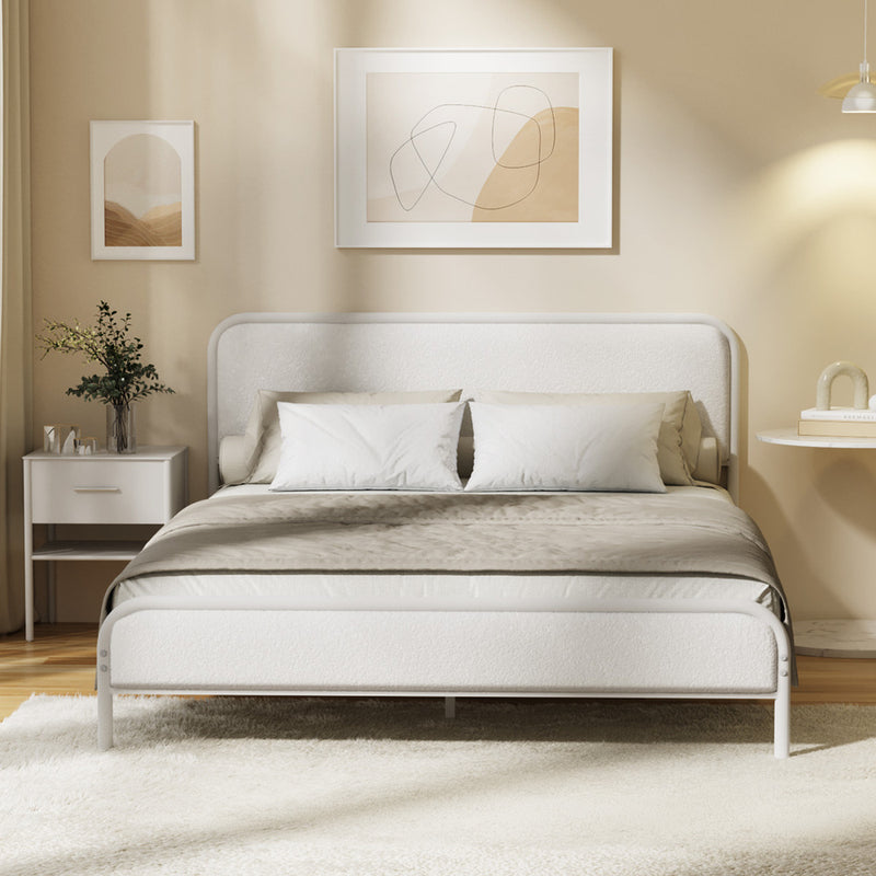 Oikiture Metal Bed Frame Queen Size Tufted Bedhead Boucle Beige