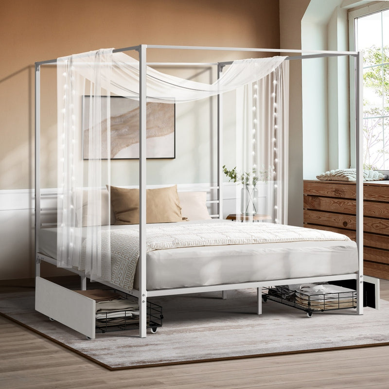 Oikiture Canopy Double Bed Frame with 2 Drawers White