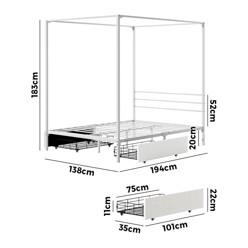 Oikiture Canopy Double Bed Frame with 2 Drawers White