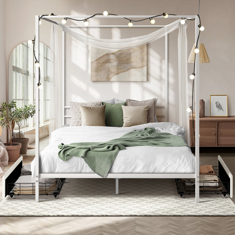Oikiture Canopy Double Bed Frame with 2 Drawers White
