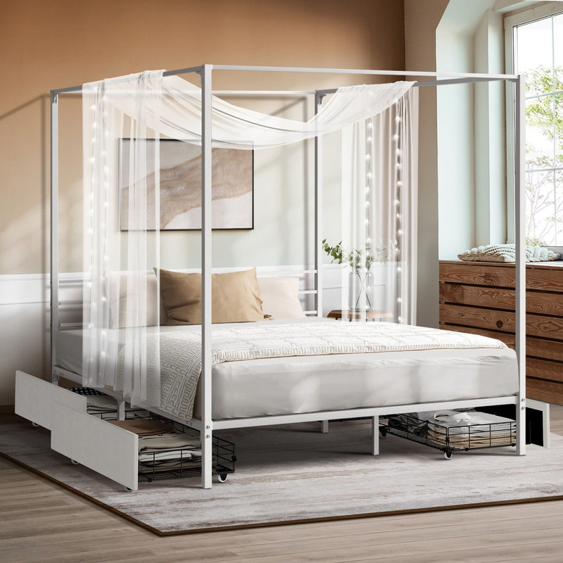 Oikiture Canopy Queen Bed Frame with 2 Drawers White