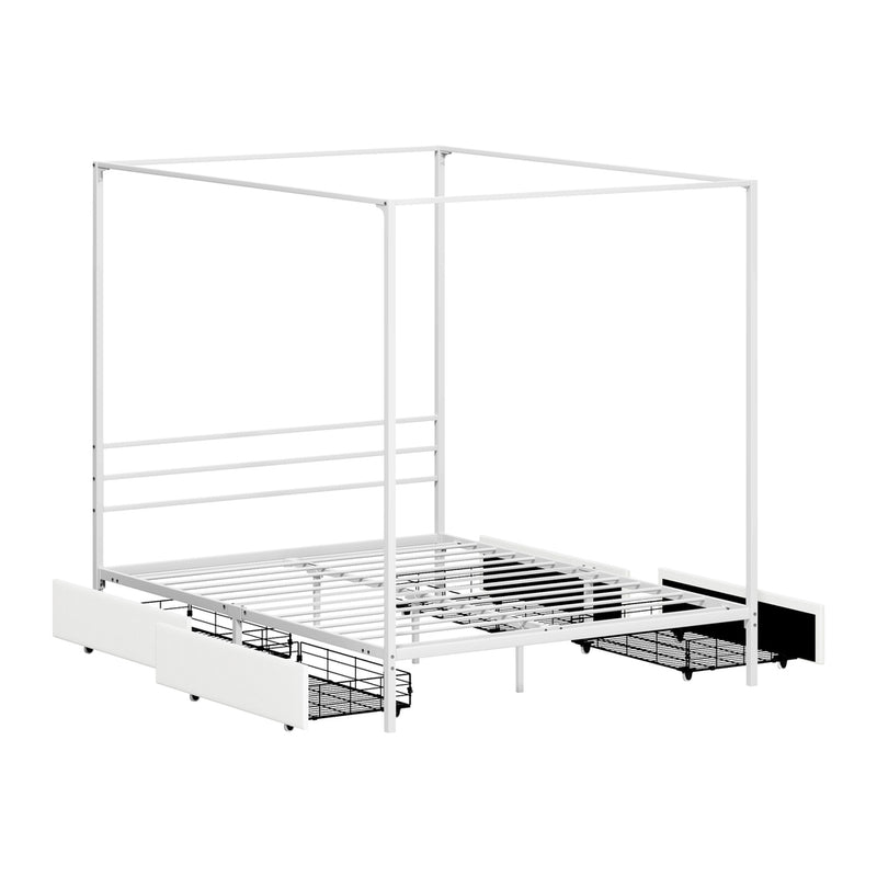 Oikiture Canopy Queen Bed Frame with 2 Drawers White