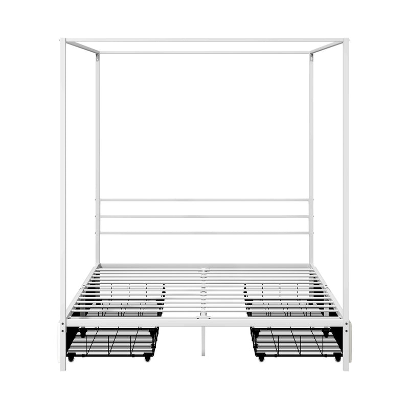 Oikiture Canopy Queen Bed Frame with 2 Drawers White