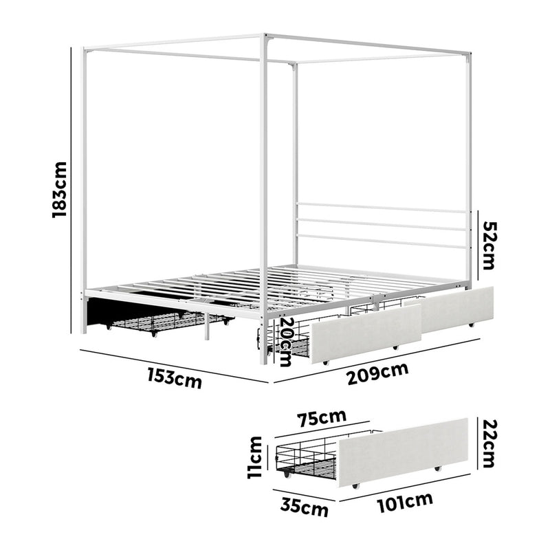 Oikiture Canopy Queen Bed Frame with 2 Drawers White