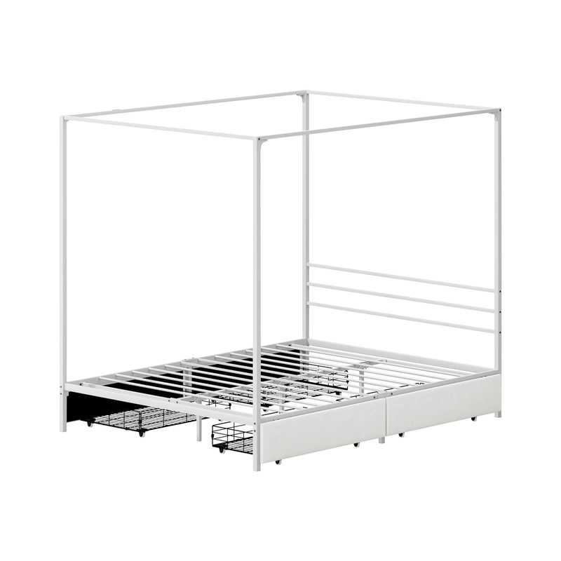 Oikiture Canopy Queen Bed Frame with 2 Drawers White