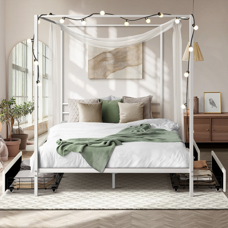 Oikiture Canopy Queen Bed Frame with 2 Drawers White