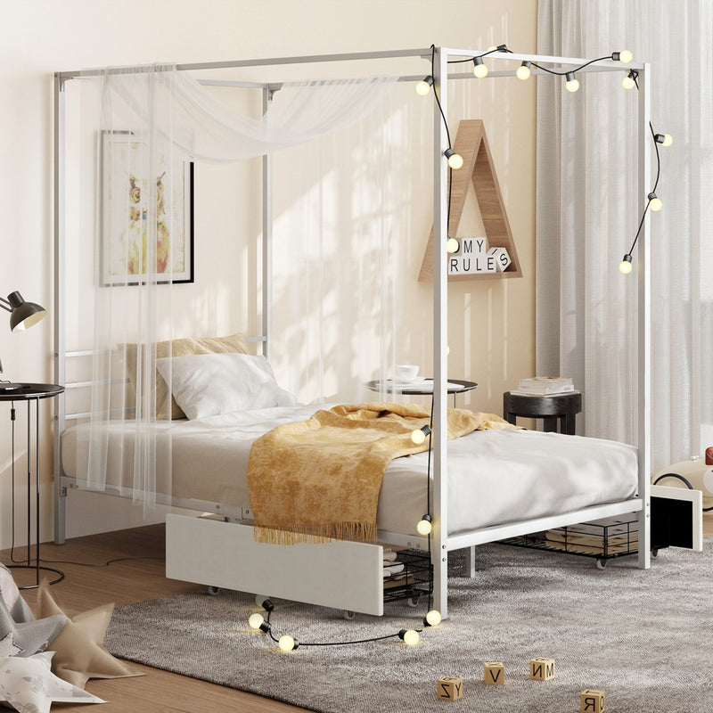 Oikiture Canopy Single Bed Frame with 2 Drawers White