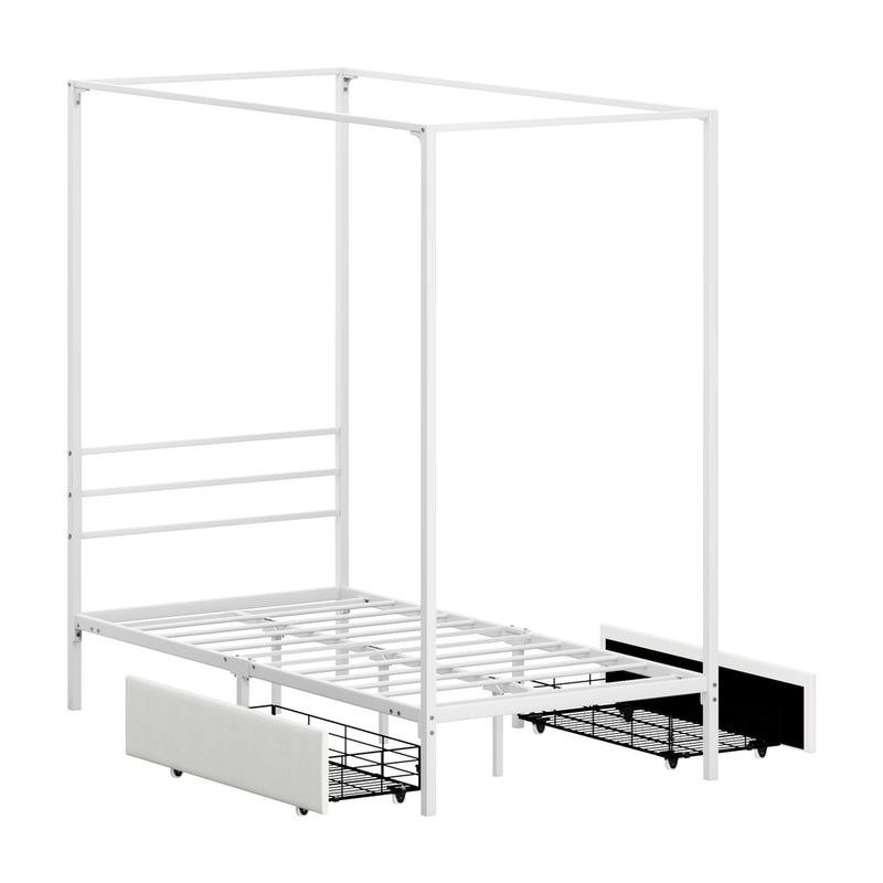 Oikiture Canopy Single Bed Frame with 2 Drawers White