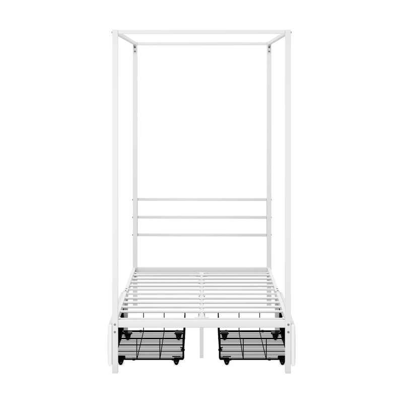 Oikiture Canopy Single Bed Frame with 2 Drawers White