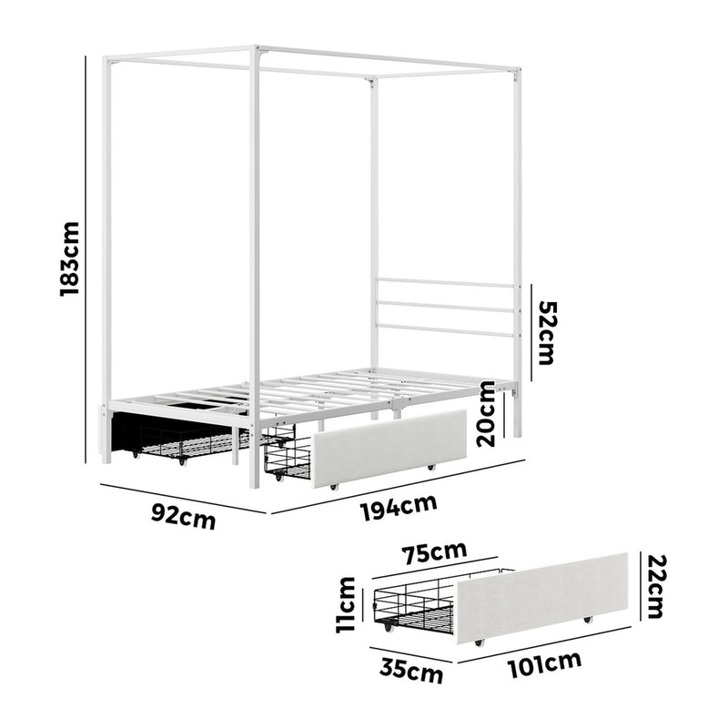 Oikiture Canopy Single Bed Frame with 2 Drawers White