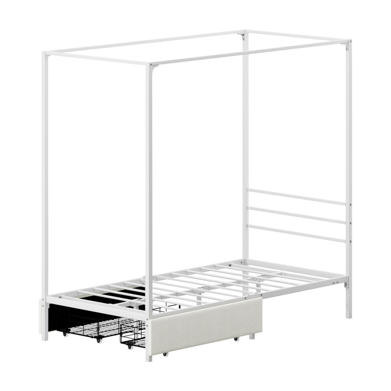 Oikiture Canopy Single Bed Frame with 2 Drawers White