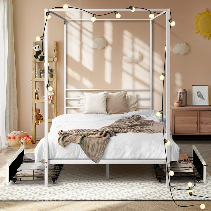 Oikiture Canopy Single Bed Frame with 2 Drawers White