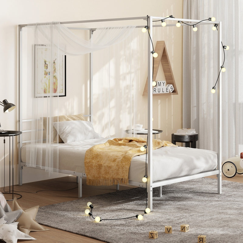 Oikiture Metal Canopy Bed Frame Single Size White