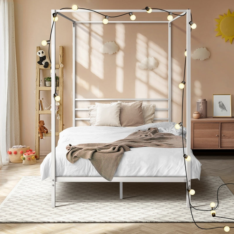 Oikiture Metal Canopy Bed Frame Single Size White
