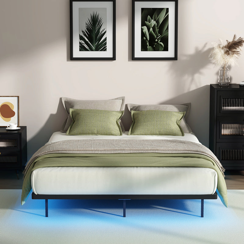 Oikiture Floating Metal Bed Frame Queen Size LED Light AC USB Black