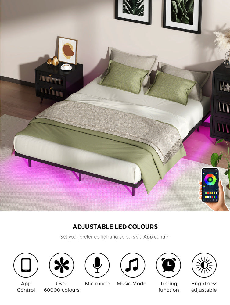 Oikiture Floating Metal Bed Frame Queen Size LED Light AC USB Black