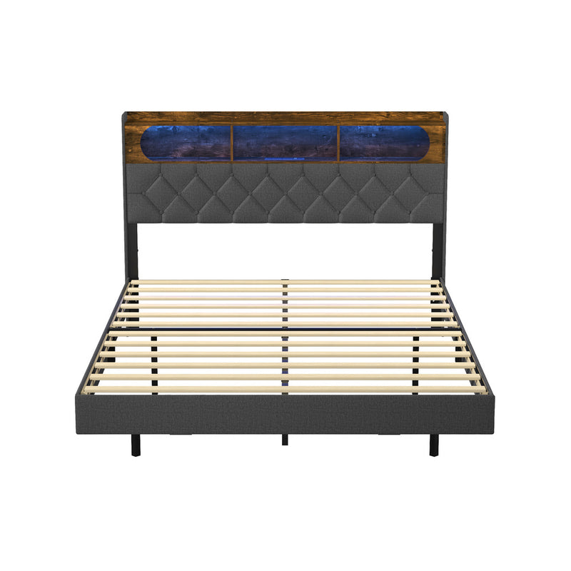 Oikiture Double Size Bed Frame Floating Beds With LED Headboard USB